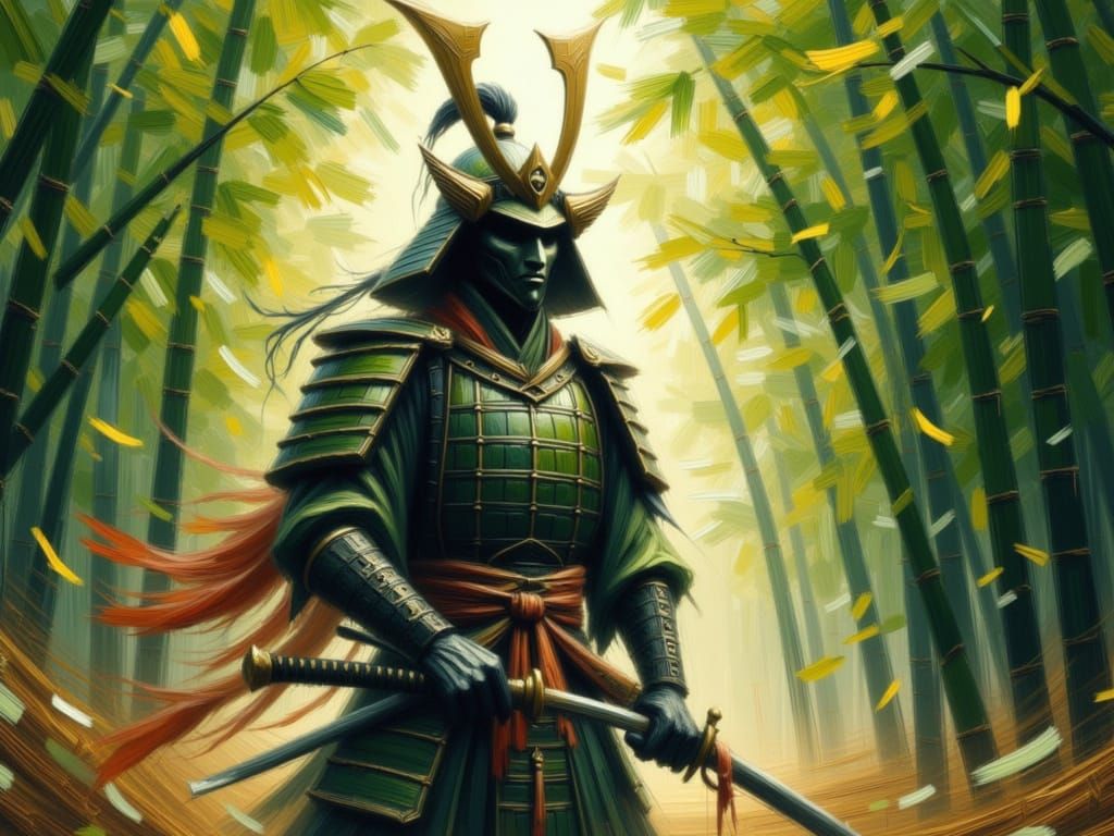 Eastern Warrior in Impasto Style, Poised for Legendary Duel