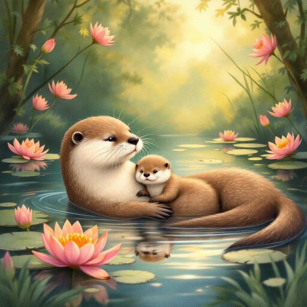 Otter floating on a river with a baby otter in the sunshine