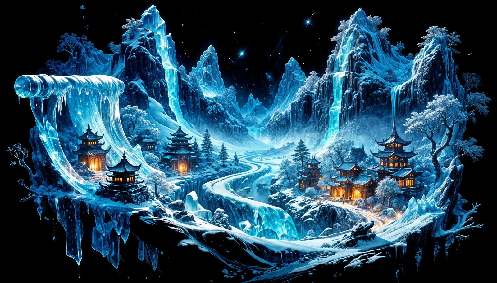 Surreal Winter Landscape from Glowing Crystal Scroll