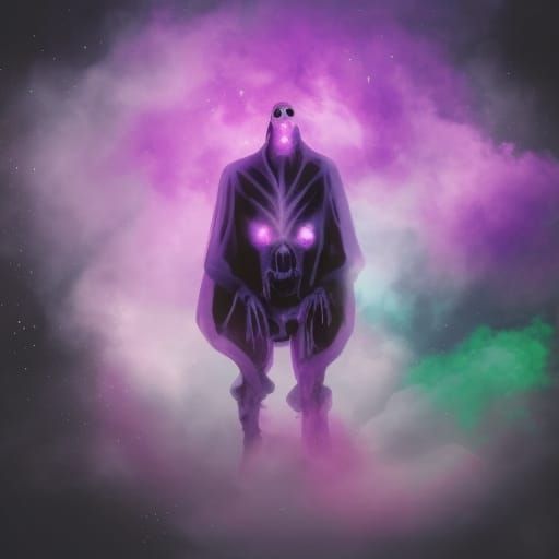 Vibrant Skeleton in Purple Robes Ignites Purple Fire in a Gr...