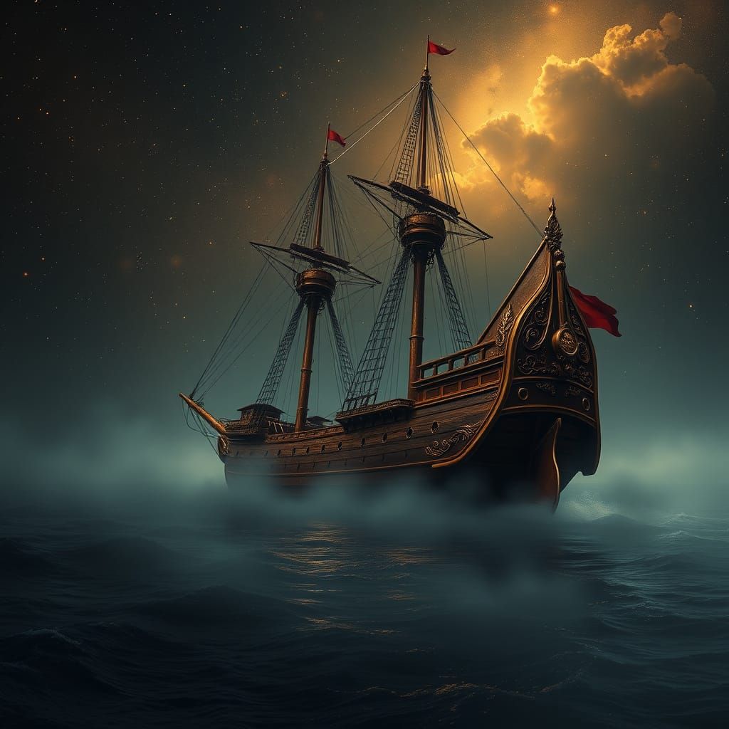 ‏A haunting, vintage ship with worn, intricate detailing navigates through a dark, mist-laden ocean beneath ...  by @Nednut4362