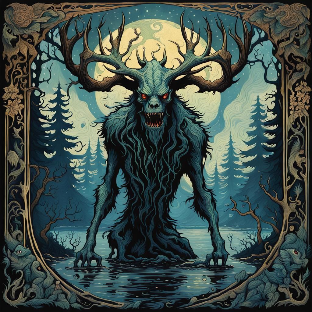 Wendigo monster, art nouveau, contrast, gothic, grotesque, ethereal, batik, surrealism, oils, Jesper Ejsing, Dan Mumford