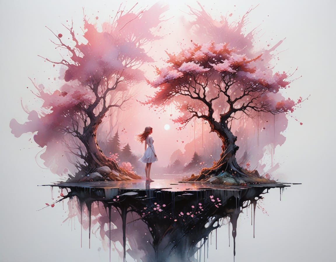 A surreal fantasy composition featuring 

A perfect mirror hovering in mid-air, reflecting an inverted twilight forest brimming with shadowy...
