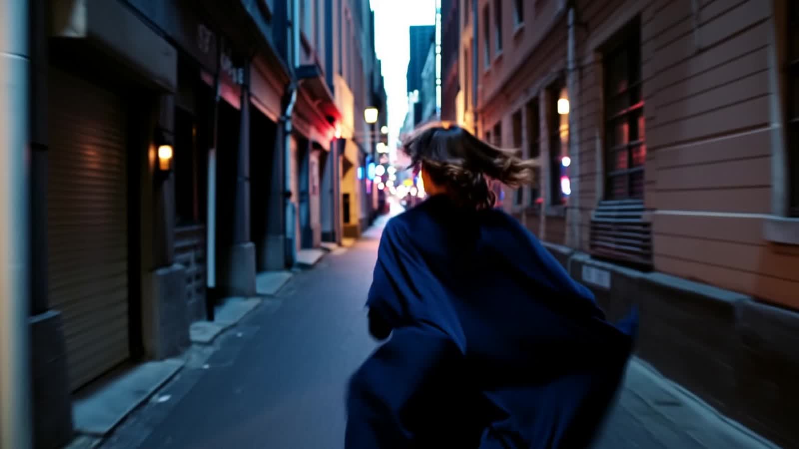 A lone woman wearing a dark cloak in a neon-lit alley runs away from a robotic drone scanning for intruders. The drone f...