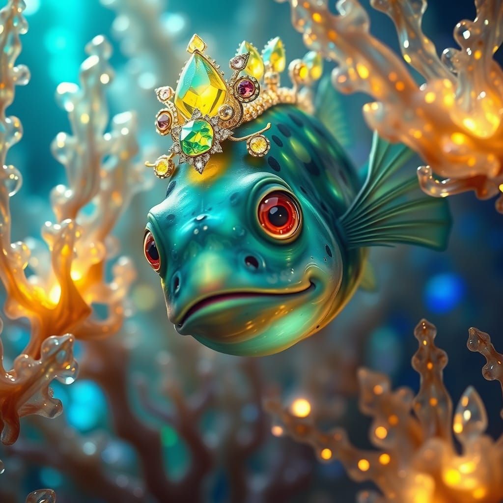 A bioluminescent deep-sea anglerfish wearing a tiny crown, swimming through a kelp forest made of crystal. ...  by @Angele