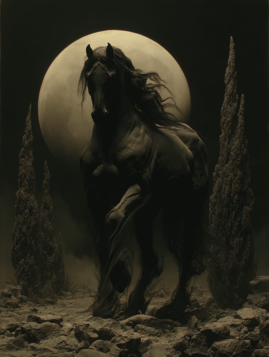 "Where moonlight falters, the black steed reigns."