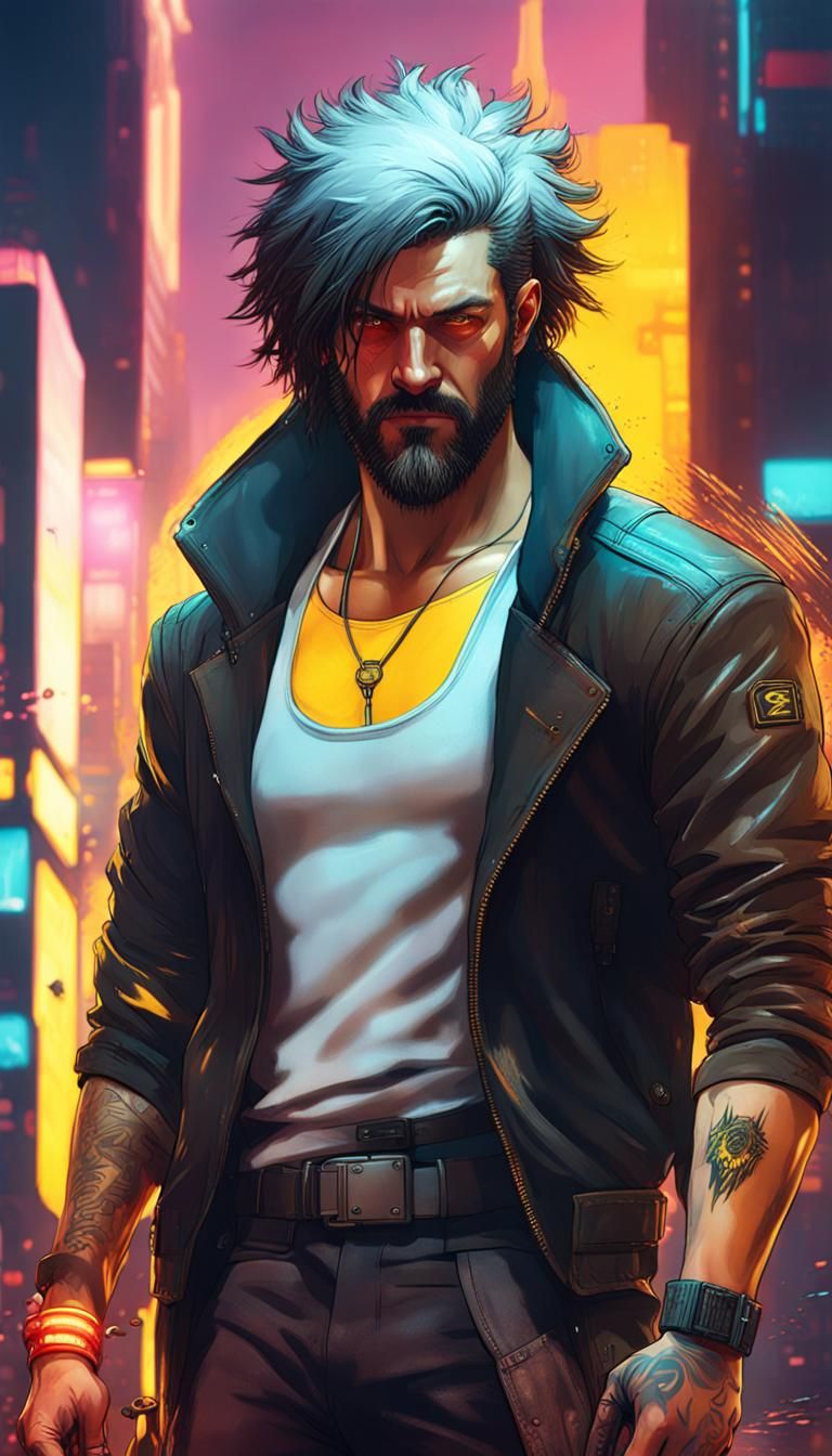 Cyberpunk 2077. Male V protagonist. Black-greyish hair with knob beard ...