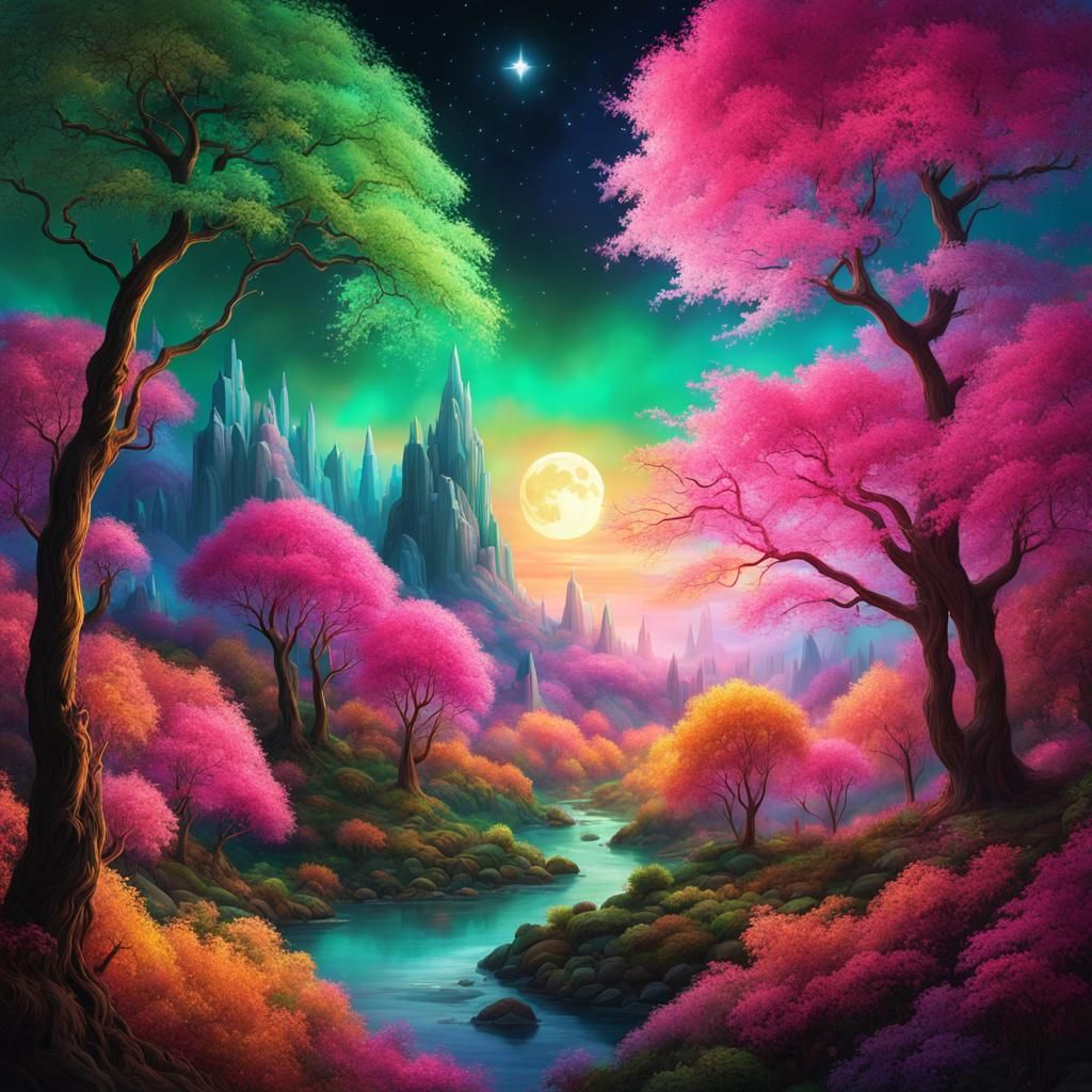 Fantasy forest made out of ice cream colors, wispy clouds, wild trees, full emerald moon, golden path, leafy trees, hot pink weeping willows...