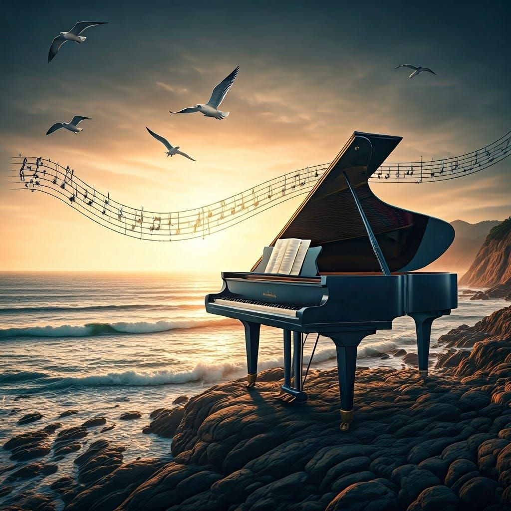 Dreamlike Birds Perform on Seaside Piano at Sunset