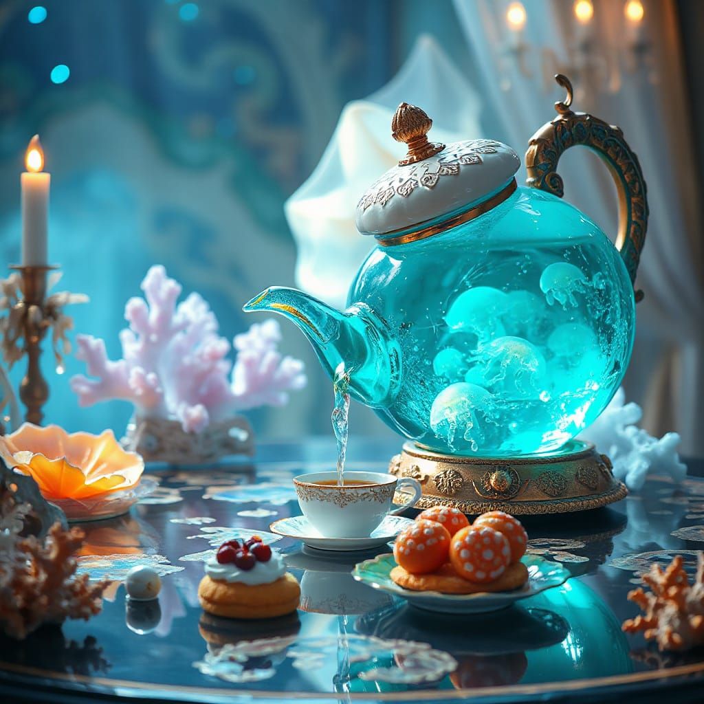 enchanted teapot made from a giant iridescent seashell, pouring shimmering turquoise tea that forms tiny glowing jellyfish as it hits the cu...