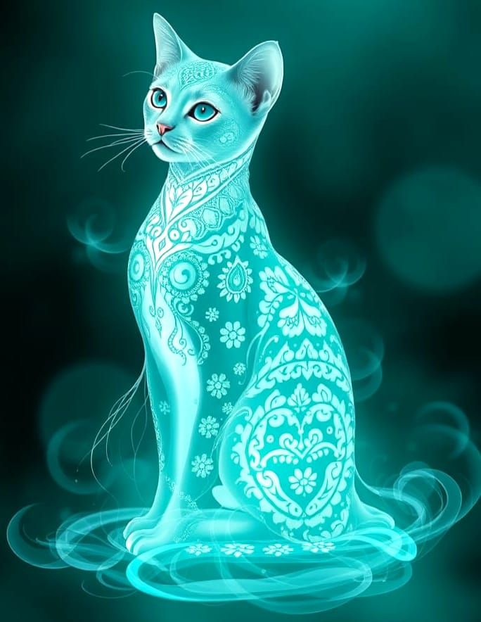 A abstract, surreal, elegant, glowing, flowey, patronus, ghostly, ethereal, filigree pattern, sitting cat. Turquoise. Turquoise tones. Turqu...