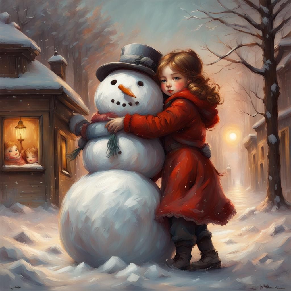 two adorable chibi girls hugging a snowman, Vibrant, heavy brushstrokes, textured paint, impasto paint, ...  by @Kindly Offer