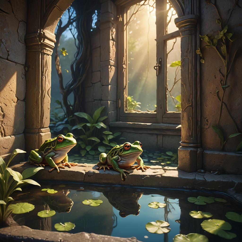 Frog on Window Sees Magical Well Scene