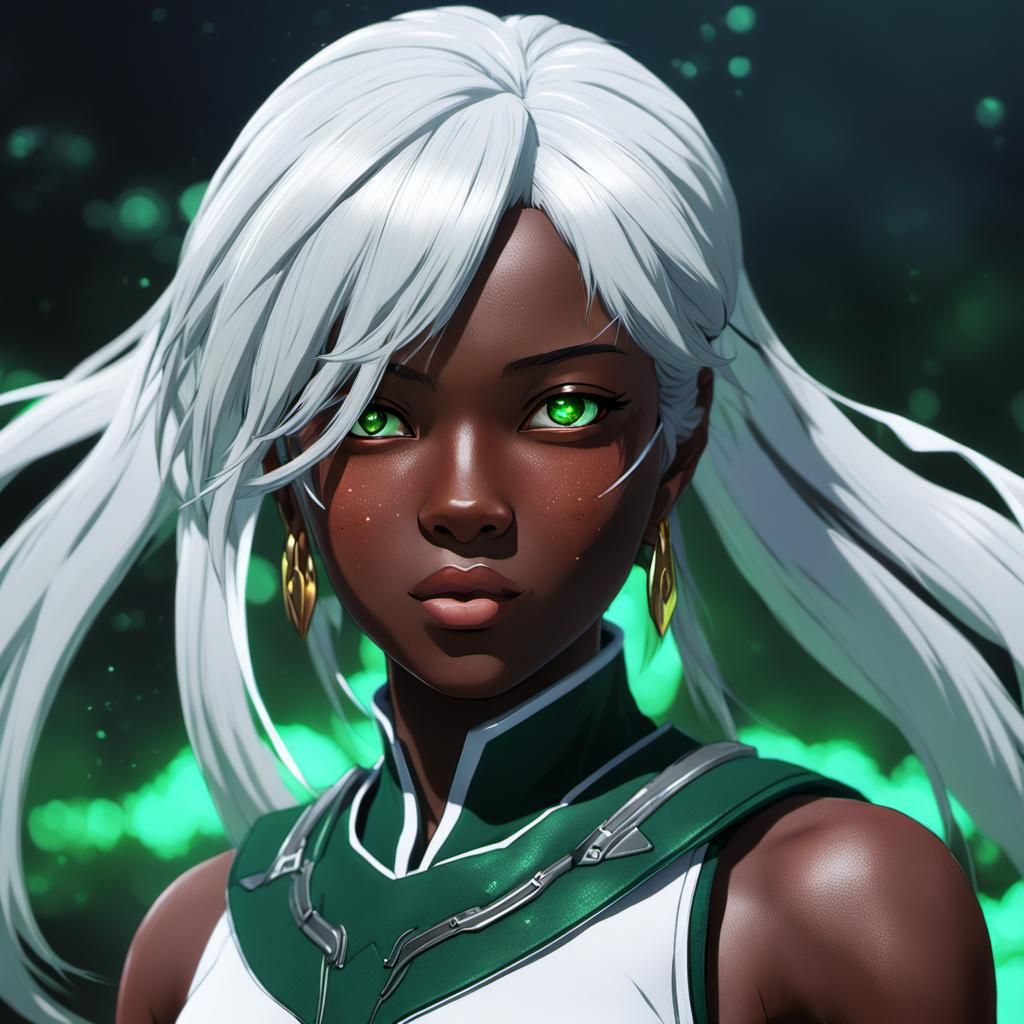 realistic, deep green dark-skinned heroine, white hair, Anime, , Close ...