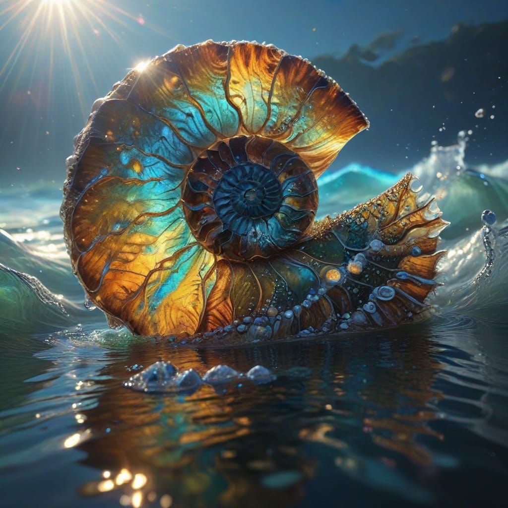 Ammonite - a rainbow prehistoric monster, fossil, mother-of-pearl fractals under transparent ocean water, ...  by @Veresk