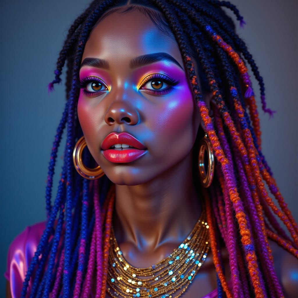 <lora:Radiant Portraiture:1.0> A mesmerizing, exotic vampire with sun-kissed skin, vibrant colorful dreadlocks and beaded braids in shades o...