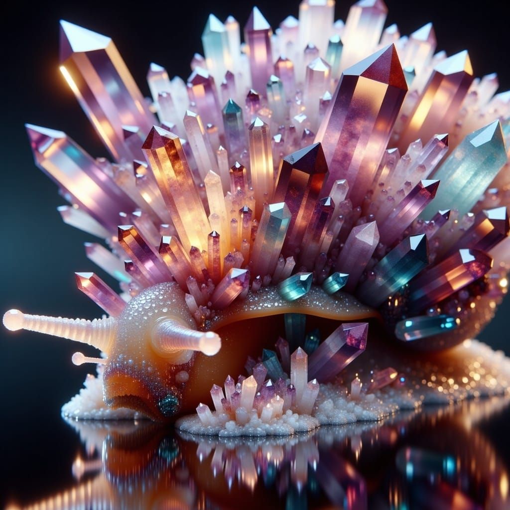 <lora:Crystallize:1.0>; a stunning photo realistic snail covered in crystals; oil painting water color and ink's; photorealistic; face portr...