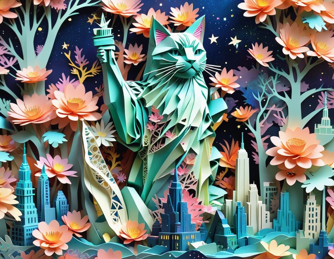 Kirigami three-dimensional origami art. Cat looking at New York from a high place. View of the Statue ...  by @HIKER