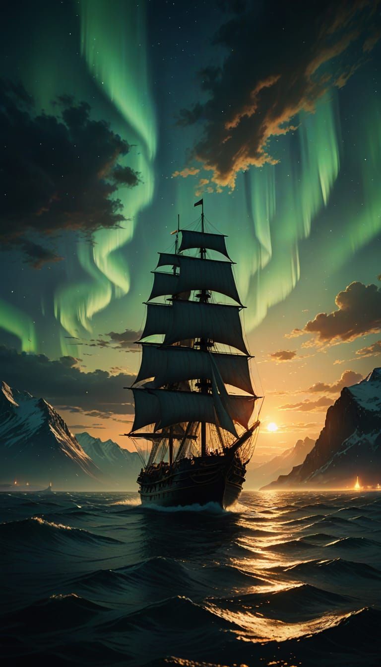 A mysterious ship sailing across the sea with the north light in the sky   by @JFX3d UK