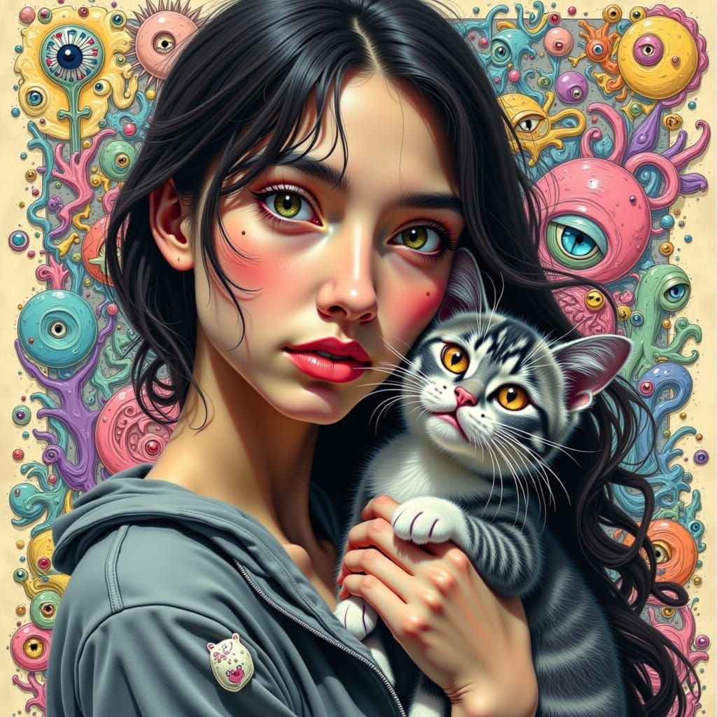 A captivating and enigmatic portrait of a young woman, circa 20s, with fair Caucasian skin, beset by an aura of wistful melancholy, her larg...