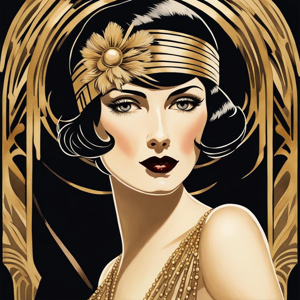 art deco Great Gatsby design, black and gold, style of alberto vargas ...