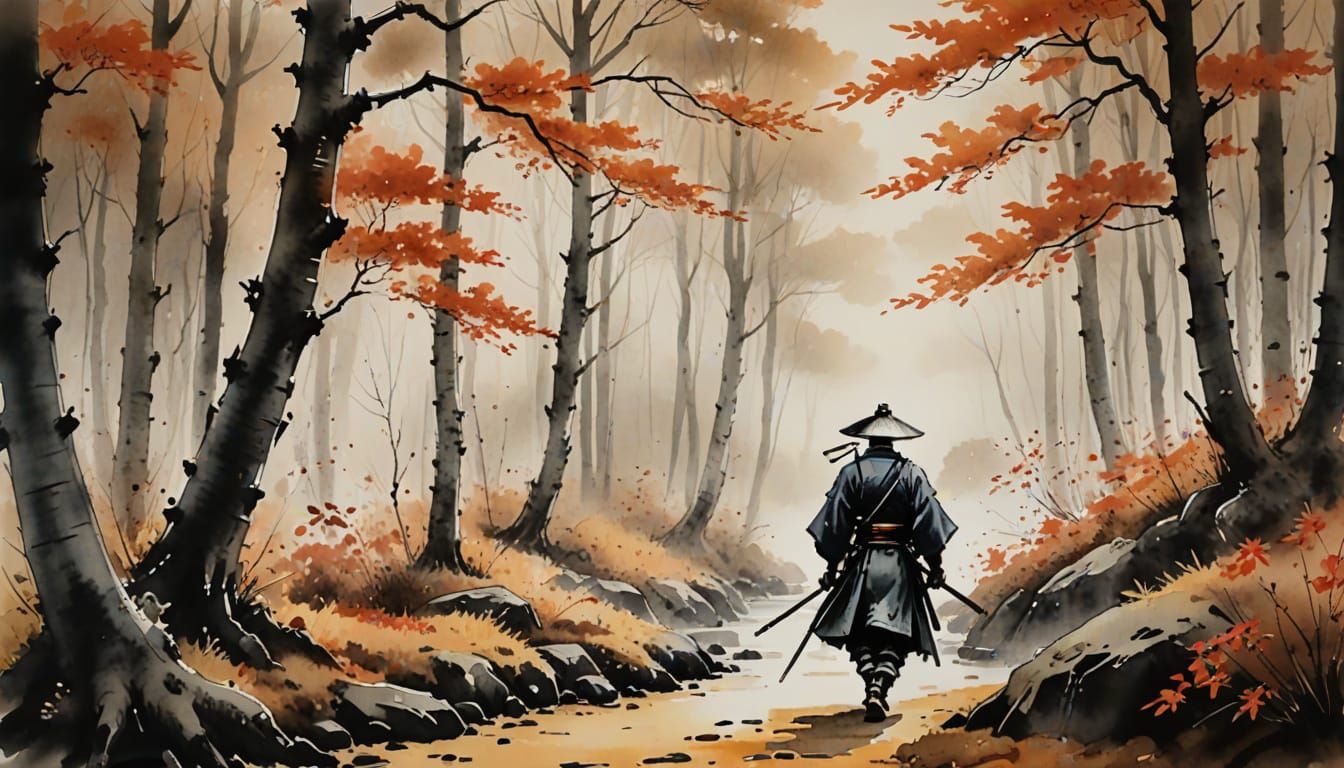 a ronin in an autumn forest