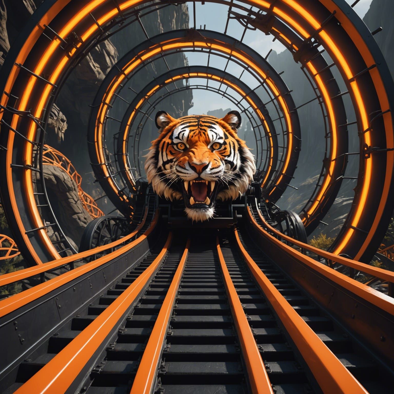 Large black and orange roller coaster with tiger mouth  by @queenmisery