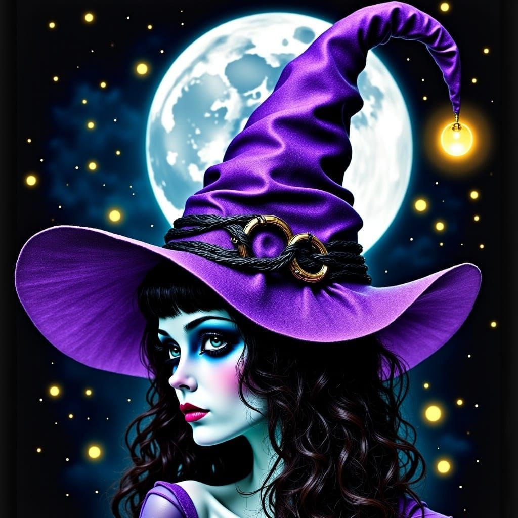 <lora:Witches:1.0> Lovecraftian Eldritch high gothic style full moon lunar witch beautiful young large purple glitter hat insanely detailed...