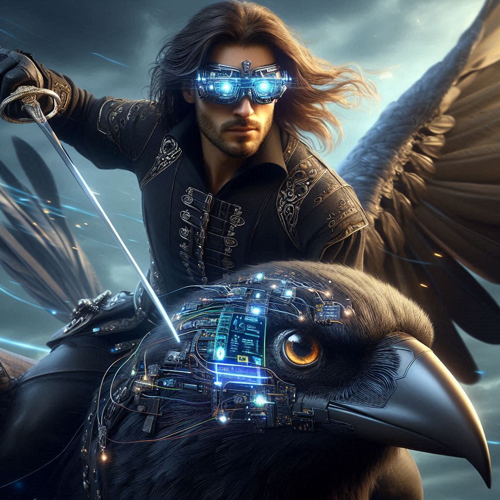 The hero rides in on his Raven