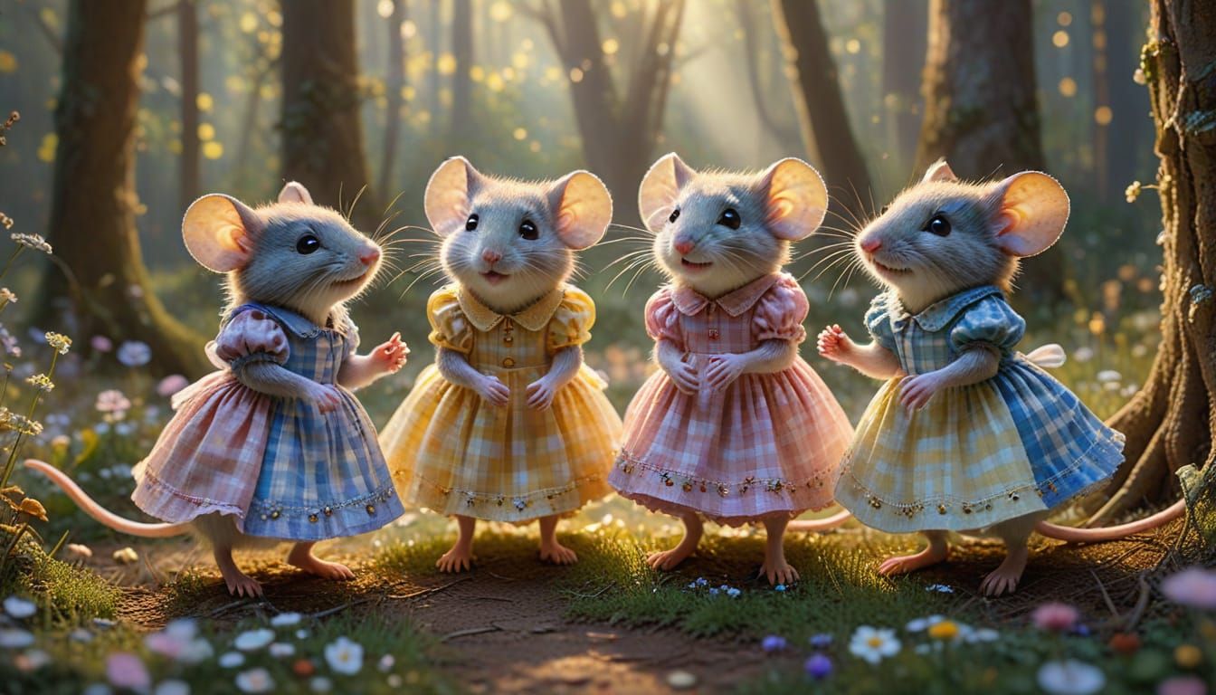 Three little mice with colorful checkered dresses  by @Rhayna-Gilraen