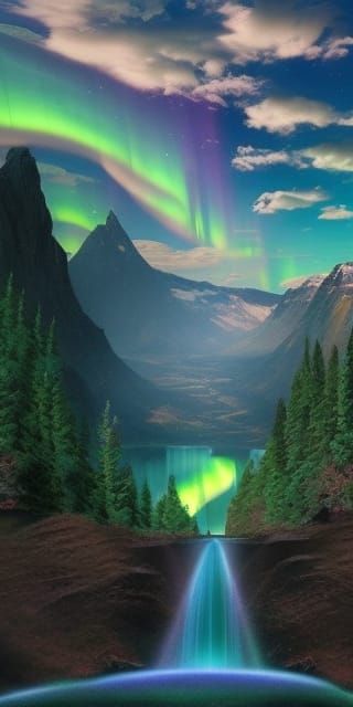 Aurora Lights!! Waterfall and mountains!! Beautiful epic sky...