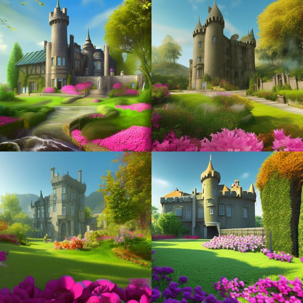 Graffiti Scottish Castle with Blooming Gardens and Sparkling...