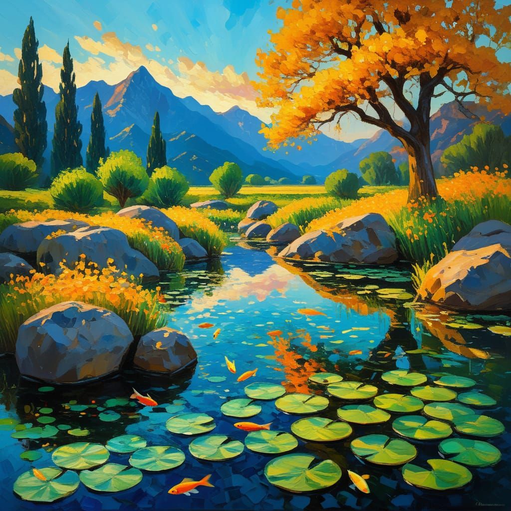 Un ruscello limpido scorre su rocce di varie forme e forma un laghetto verde smeraldo dove si vedono pesciolini colorati che nuotano e ninfe...