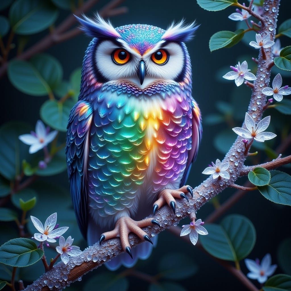<lora:ultimate Dalle-3:1.0> Visualize a beautiful luminescent owl, radiant with a multitude of sparkling colors, perched on a branch of a tr...