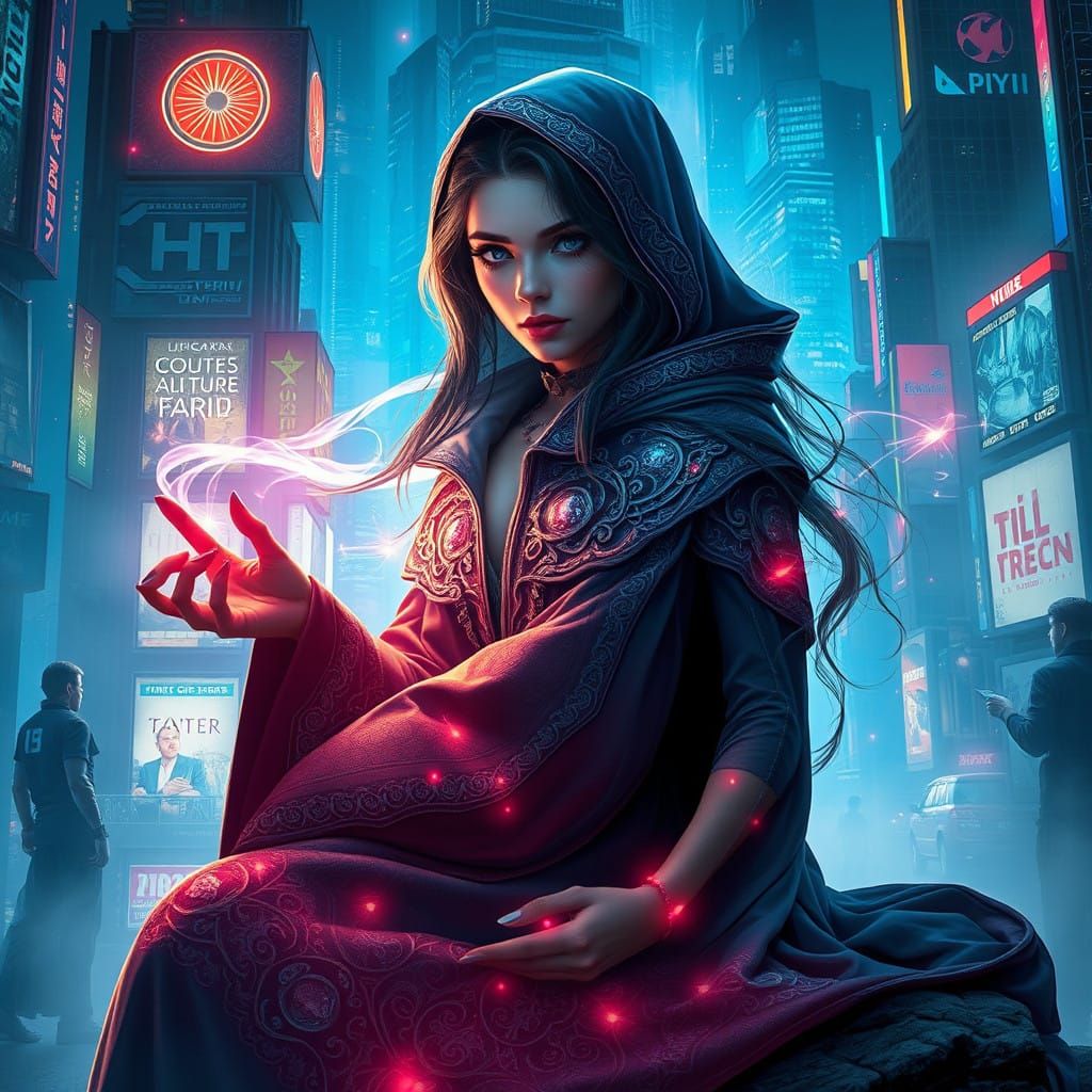 Mystical Sorceress in Cyberpunk Cityscape with Fantastical E...