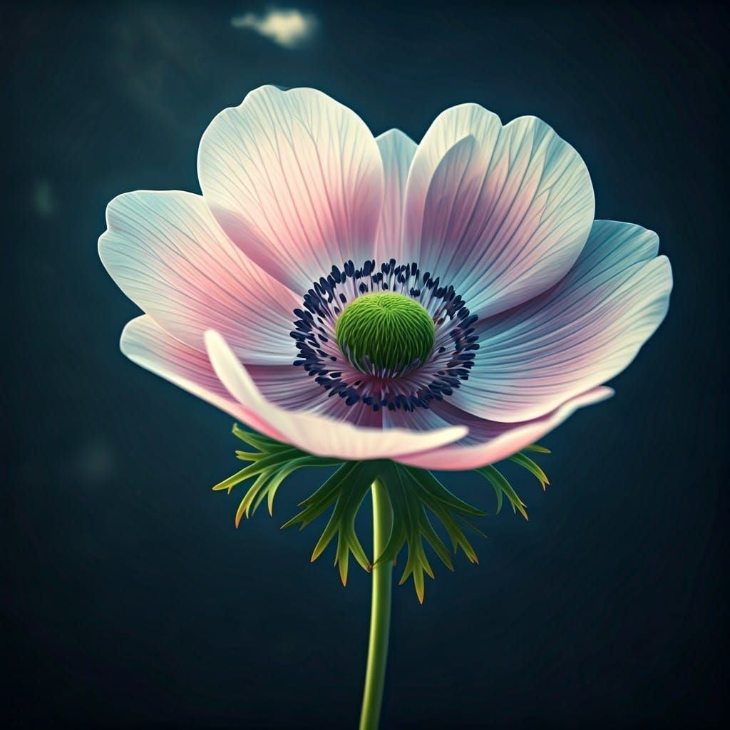 Dreamlike Anemone Flower Reflects Whimsical Scene in Fantasy...