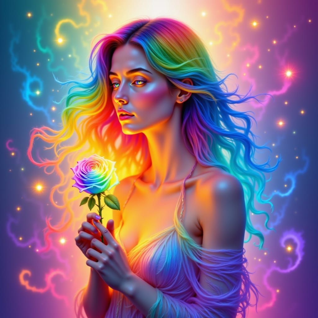 colorfull rainbow woman and colorfull rainbow rose of colorfull rainbow fire and colorfull rainbow fog . <lora:The Rainbow of Red:1.0>