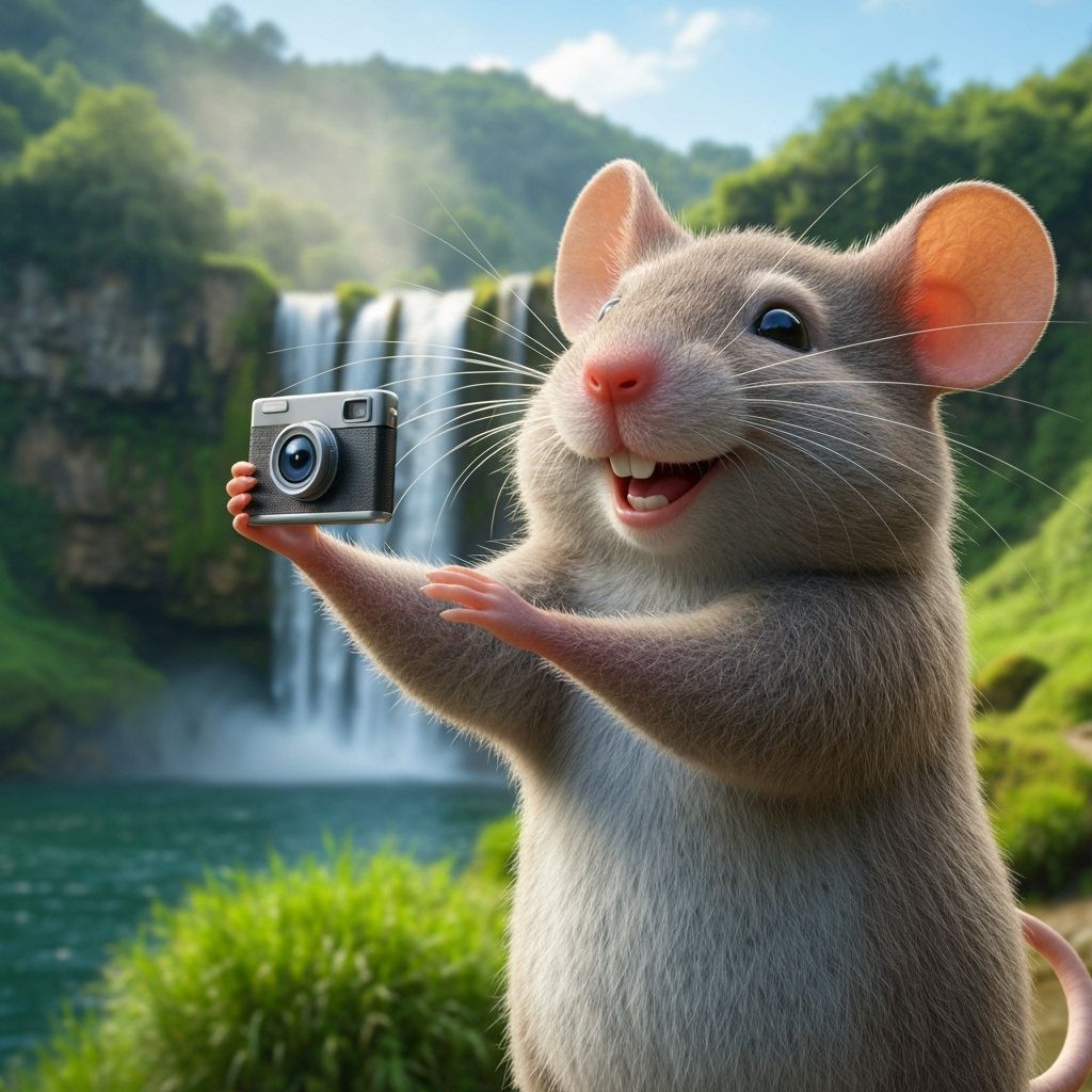 Tourist Mouse Selfie with Waterfall