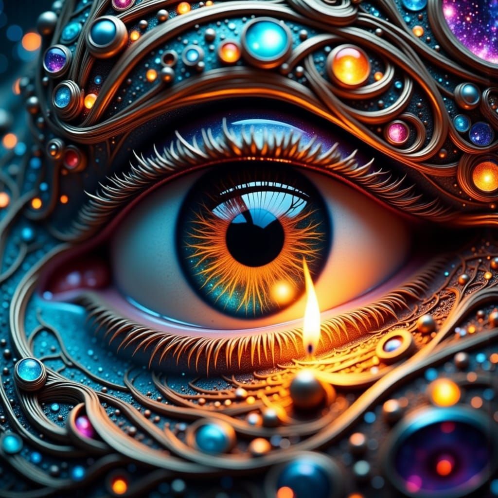  <lora:Fantasy eyes Flux:1.0> Closeup of beautiful eye, candle, flame reflection in the eye :: mind-bending :: psychedelic cinematography ::...