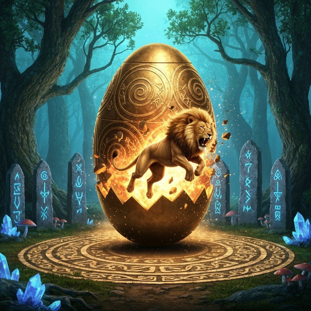 Hyperrealistic magical scene: A gigantic antique golden egg, towering at 6 feet, adorned with complex Celtic spiral designs and shining writ...