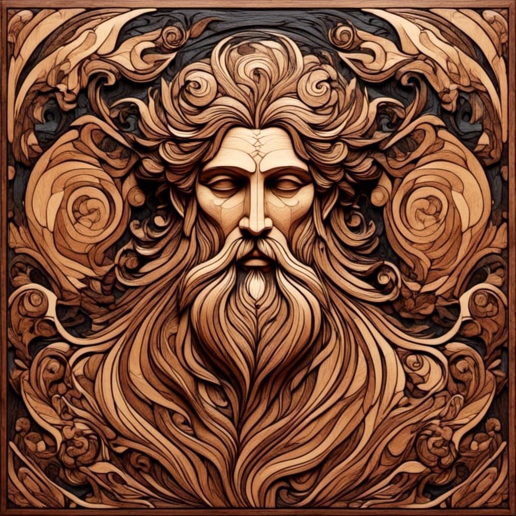 <lora:MARQUETRY:1.0> Wooden marquetry effect statue of a storm god   at sunset insanely detailed wood fantasy art , sunset , intricate woo...