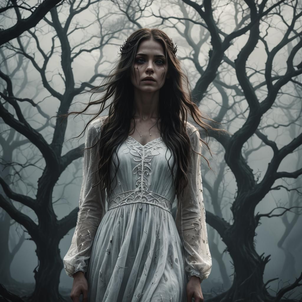 A girl with long hair, wearing a white dress, standing in th...