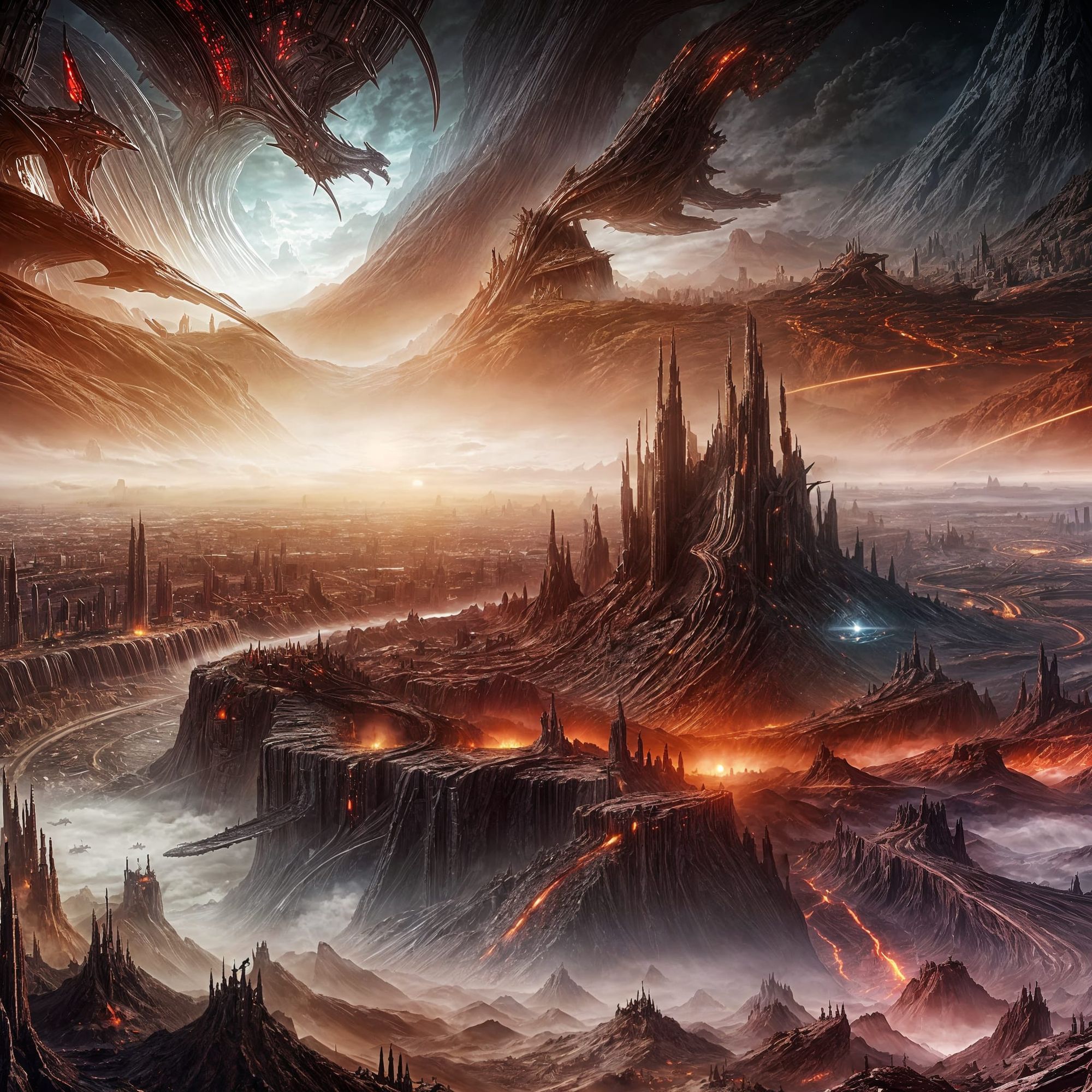 <lora:space and nebulas:1.0> <lora:Dark City:1.0> A futuristic alien city meets a demonic landscape in hell