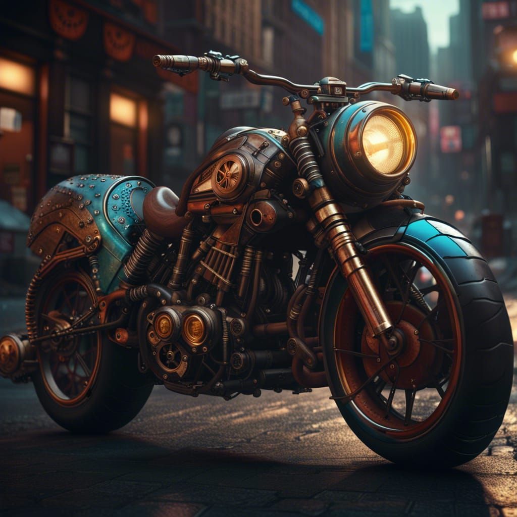 Steampunk motorcycle in a cyberpunk city   by @Ashfalla 