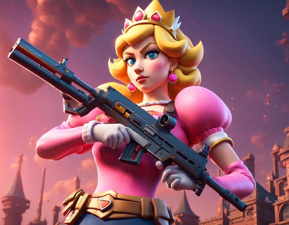 princess peach, in the style of fortnite, carrying an assault rifle ...