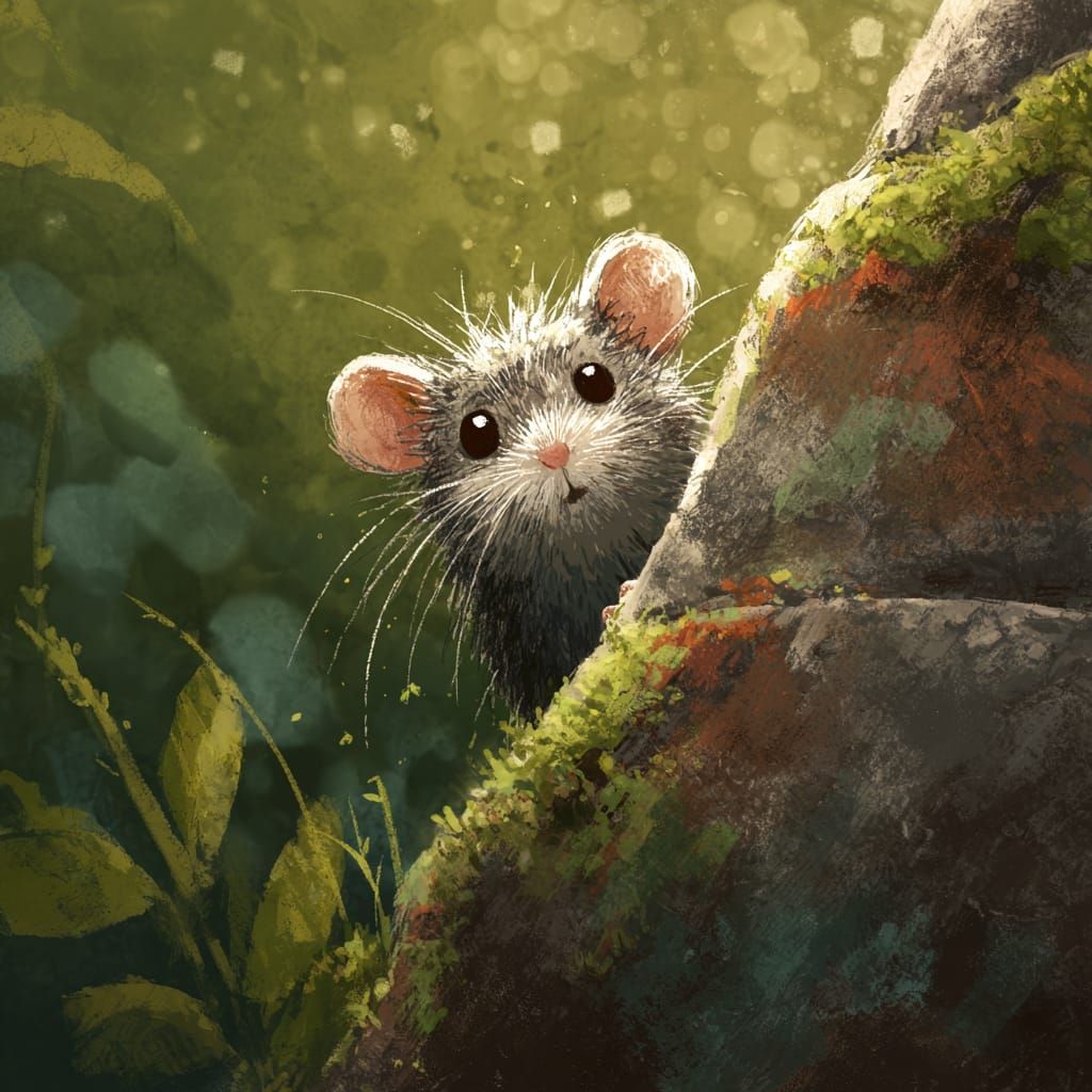 Shy Mouse Behind Mossy Stone