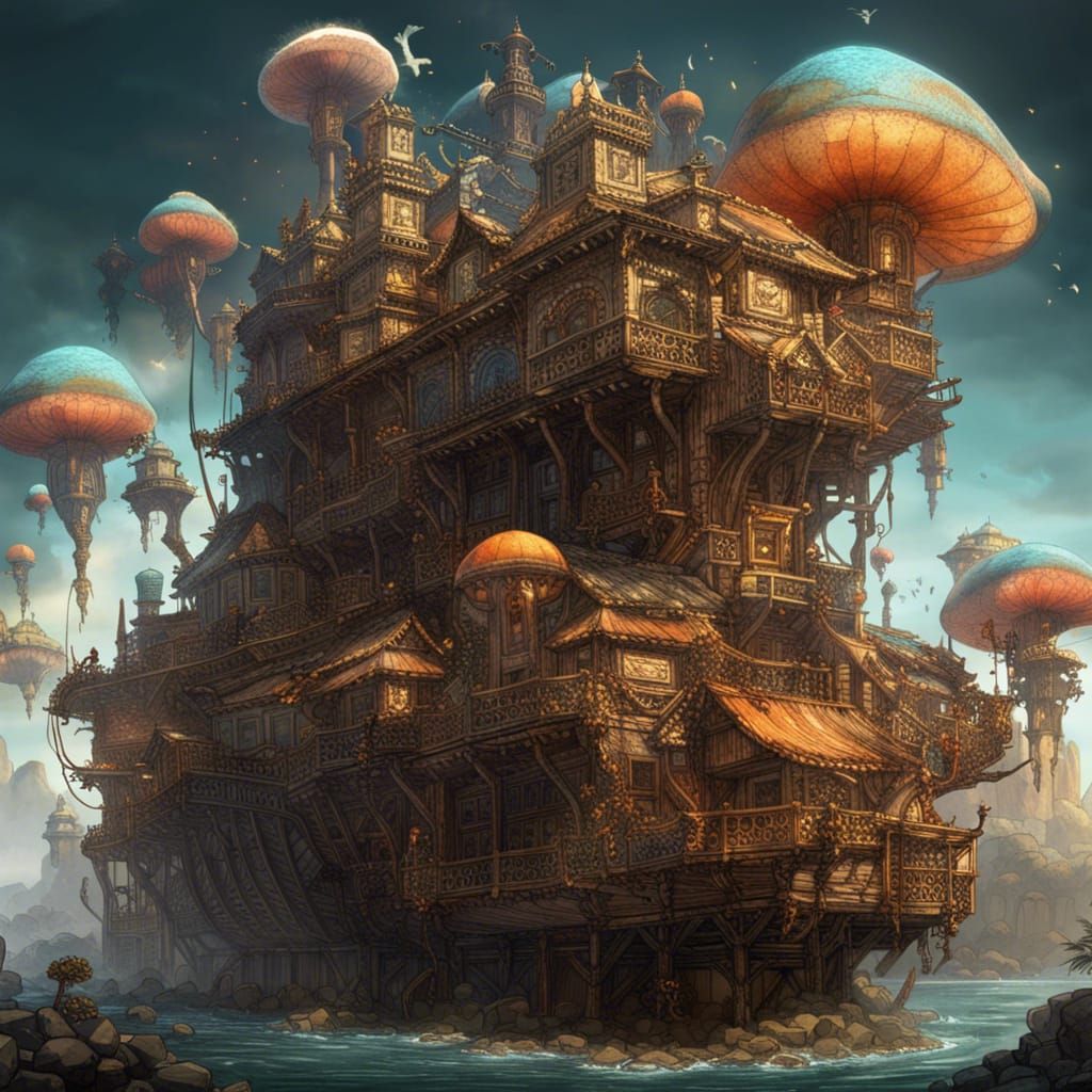 floating steamship mushroom cyberconstruction maximalist hyperdetailed ...