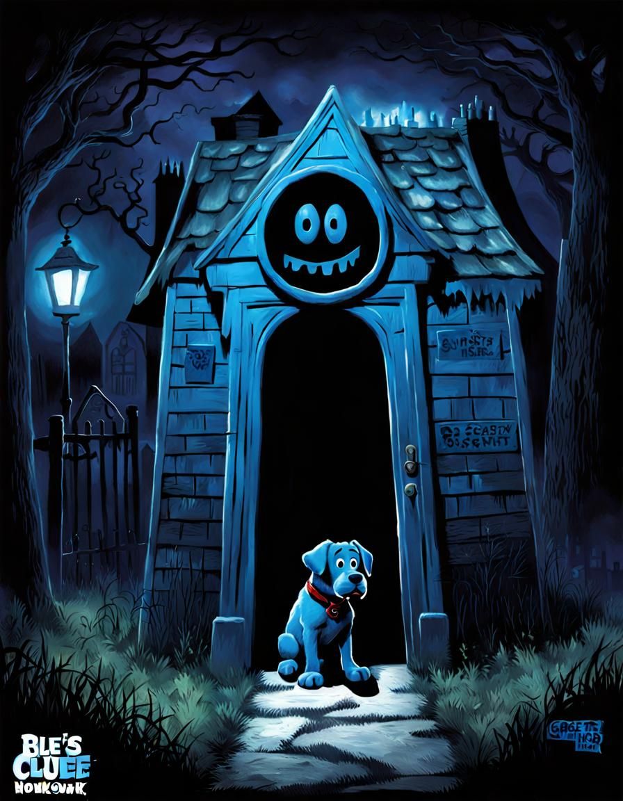 Sinister Blue's Clues Horror Scene in Dark Cyberpunk Style