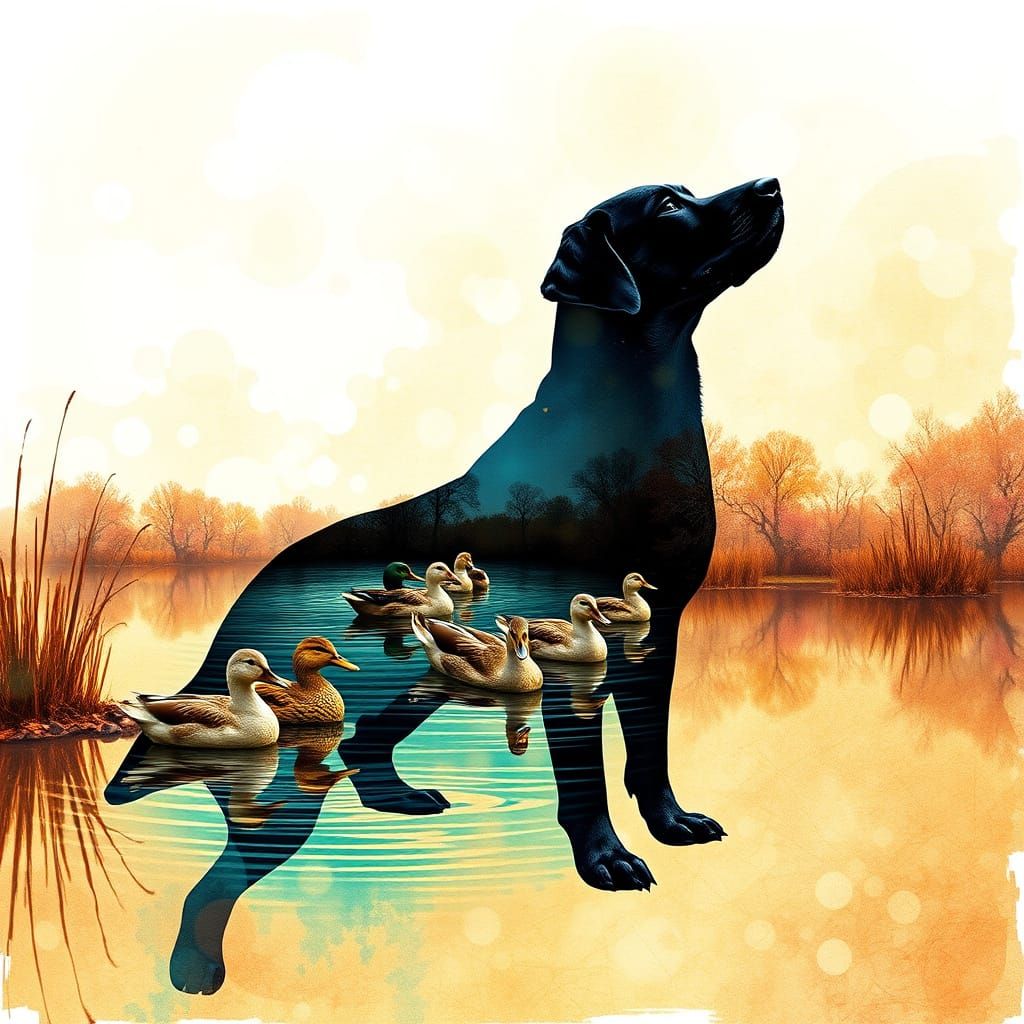 Labrador Silhouette with Pond in Mixed Media Style