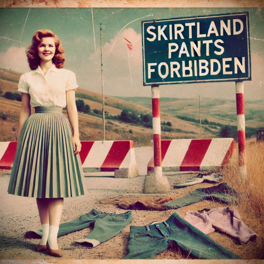 Vintage photo of woman wearing pleated skirt near the border of Skirtland